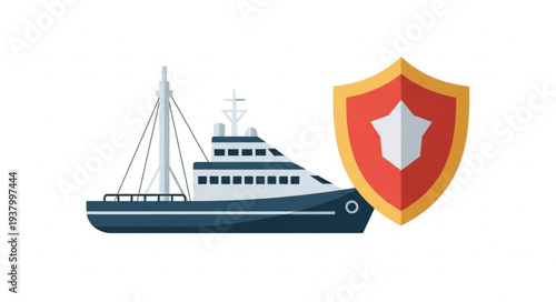 Luxury Yacht with Shield Icon.