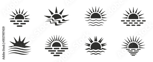 Sun Wave Icon Set, Abstract Sunset with Sea Ocean Waves Summer Landscape Vector Collection