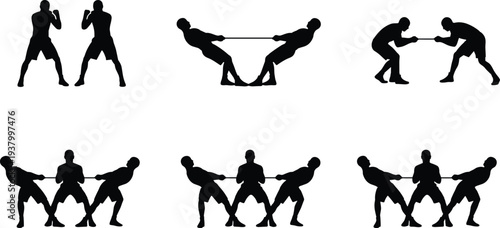 Boxing and tug of war silhouettes vector illustration showing competitive sports teamwork physical activity contest design black artwork concept