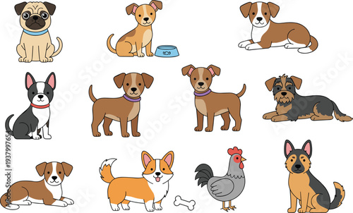 Cartoon illustration of diverse dog breeds with pug beagle corgi German shepherd chicken bone bowl pet animal vector artwork