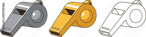 Whistles in silver, gold, and outline variations serve as crucial tools for sports officials, representing authority and fair.
