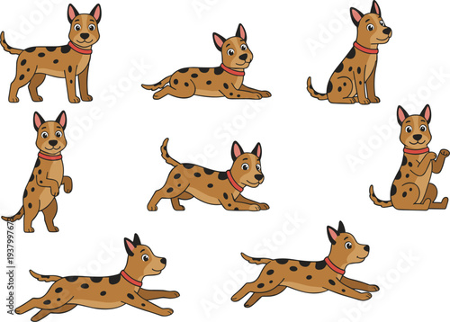 Cartoon vector illustration of brown dog with black spots red collar showing seven different poses standing sitting running jumping lying down