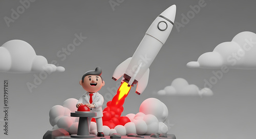Cartoon businessman launching a rocket into space with excitement