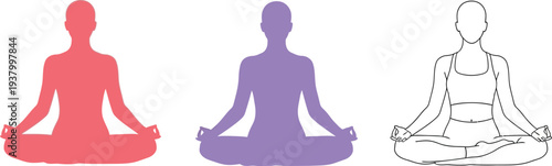 Silhouettes of three figures demonstrate the seated lotus yoga meditation pose in various color styles.