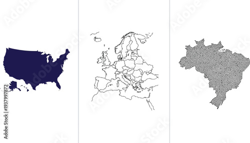 A collection of world maps showing the solid shape of the United States, the outline of Europe, and the textured shape of.