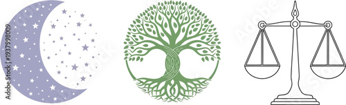 Celestial moon with stars, a lush tree of life circle, and the scales of justice balance are grouped together.