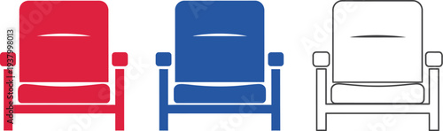 Three stylized theater or cinema seats are shown in solid red, solid blue, and a black outline drawing.