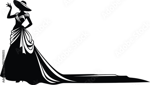  Elegant woman in long dress silhouette vintage fashion lady wearing hat vector illustration isolated stylish design
