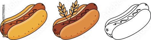 Three distinct illustrations of a hot dog in a bun show variations in color and wheat garnish details.