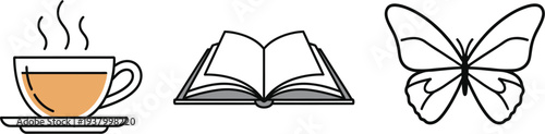 A set of three simple icons includes a steaming cup of tea, an open book, and a detailed butterfly drawing.