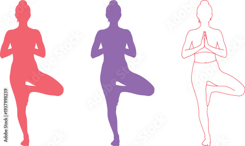 Silhouettes of a female figure practicing the Vrksasana yoga tree pose are presented in solid colors and an outline format.