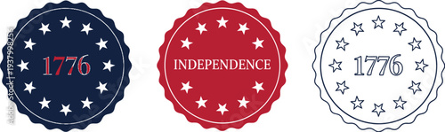 Three patriotic circular emblems represent American history featuring stars, the year 1776, and the word Independence.