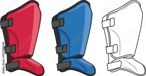 Three stylized illustrations depict martial arts shin guards in solid red, solid blue, and outline variations for protection.