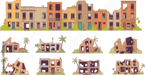 Colorful residential buildings transforming into ruins and decay illustration showing urban architecture contrast between lively habitation and destruction
