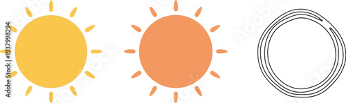 Three graphic representations of the sun feature a yellow version, an orange version, and a circular outline design.