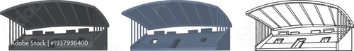 Stadium seating section rendered in dark gray, blue, and an outline version illustrates architectural elements.