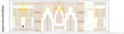Architectural elevation showing ornate Islamic interior with Moorish arches, decorative geometric screens, chandeliers and intricate lattice patterns in line art style.