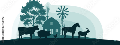 Farmhouse with windmill tree and silhouettes of cow pig chicken horse goat on grassy rural landscape agriculture countryside vector illustration