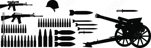 Military weapons silhouette illustration with rifles, bombs, missiles, helmet, ammunition, knife, and artillery cannon vector design for defense concept
