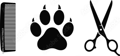  Pet grooming tools comb paw print and scissors icon set animal care salon vector illustration
