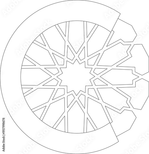 Islamic geometric pattern with central star motif and radiating polygons inside a partial circular frame, traditional Arabic ornamental line art design.