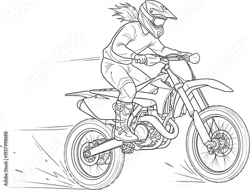 Motocross Rider Performing Off Road Dirt Bike Racing Action Illustration with Protective Helmet and Gear Line Art Vector Design