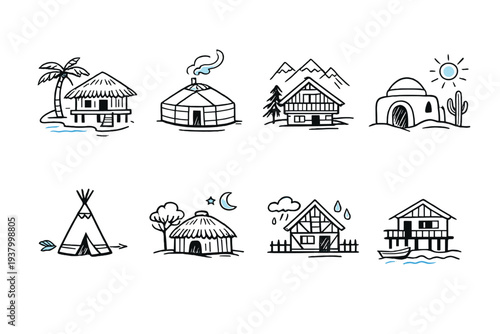 Collection of diverse dwelling icons representing different climates and cultures