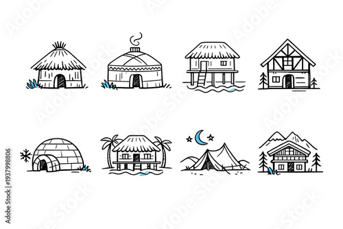 Collection of diverse dwelling types from around the world, illustrated in a simple line art style