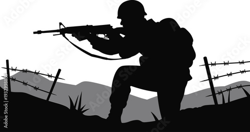 Silhouette soldier kneeling with rifle in battlefield war zone, military combat illustration with barbed wire and mountains background vector