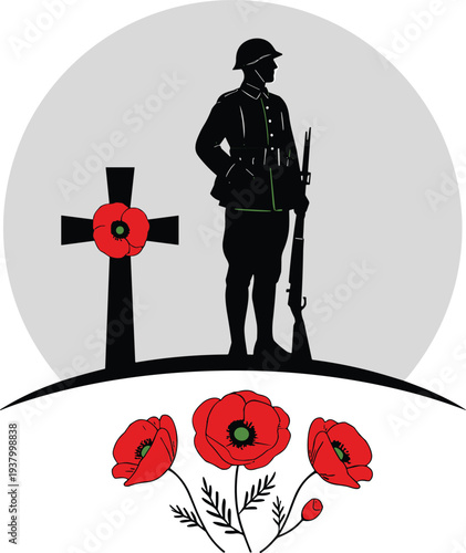 Silhouette soldier with rifle standing beside memorial cross red poppies remembrance day tribute honoring fallen military heroes vector illustration