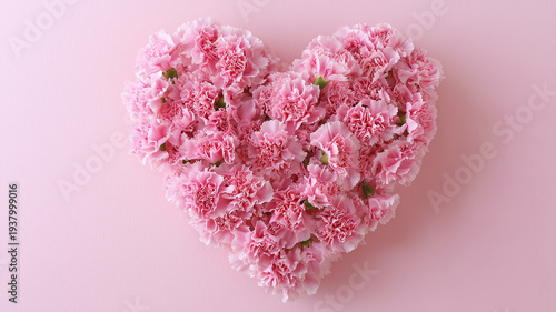 ハート型に並べたピンクのカーネーション｜コピースペースのある母の日フラワー背景素材