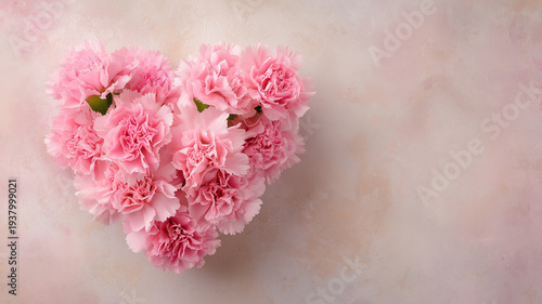ハート型に並べたピンクのカーネーション｜コピースペースのある母の日フラワー背景素材