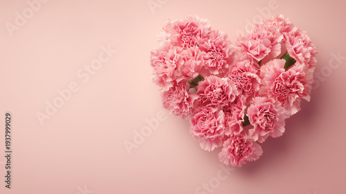 ハート型に並べたピンクのカーネーション｜コピースペースのある母の日フラワー背景素材