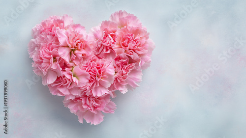 ハート型に並べたピンクのカーネーション｜コピースペースのある母の日フラワー背景素材