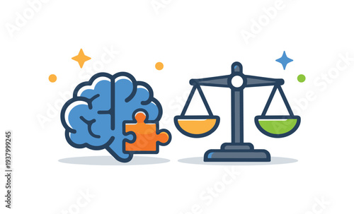 Conceptual illustration linking brain and scales of justice as symbols of law