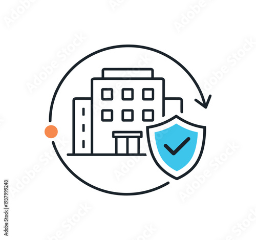 Business security and protection icon with building and shield symbol