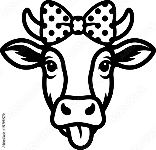 Cow head with polka dot bow and tongue out line art
