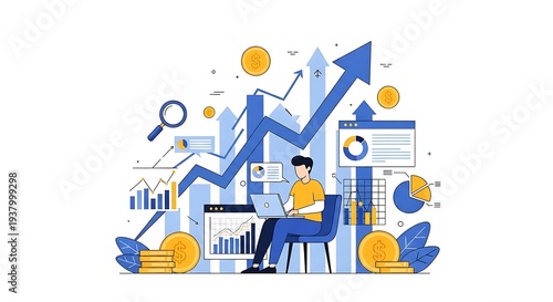 Businessman studies upward trending stock market graphs surrounded by floating digital data and golden currency symbols.