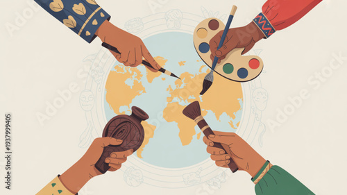 Diverse hands painting and holding objects around a global map background