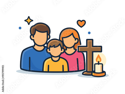 Family with cross and candle, representing faith and togetherness