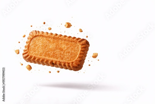 Studio photo of a caramelized biscuit suspended in mid air with tiny crumbs frozen around it