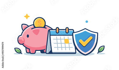 Piggy bank with coin, calendar, and shield with checkmark, symbolizing financial security and planning