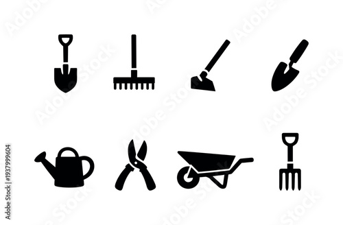 Collection of black silhouette icons representing various gardening tools on a white background