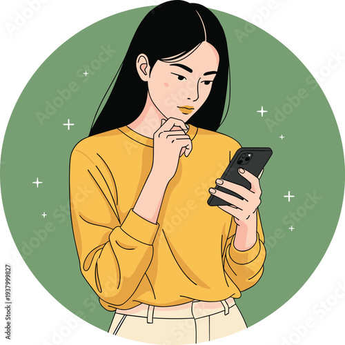 Young Woman Using Smartphone and Thinking While Reading Message Modern Communication Concept Flat Vector Illustration