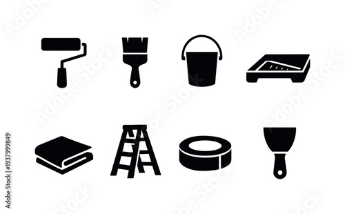 Collection of black silhouette icons representing various home renovation and painting tools
