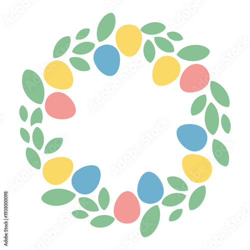 Easter sunday celebration with colorful eggs and leaves wreath decoration