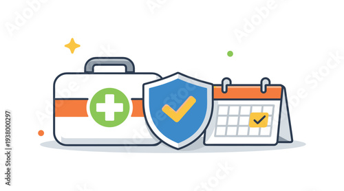 Medical insurance and healthcare plan concept with first aid kit, shield, and calendar