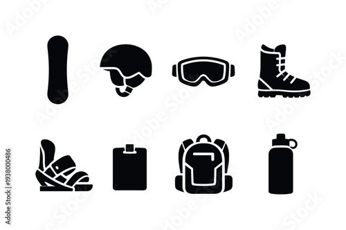 Collection of snowboard equipment icons including a snowboard, helmet, goggles, boot, and bindings