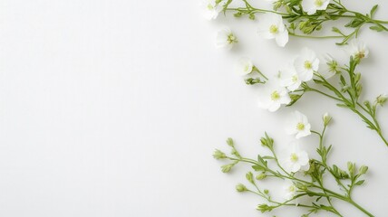 White ranunculus, gypsophila, and eucalyptus blossoms creating a fresh frame on marble a clean background