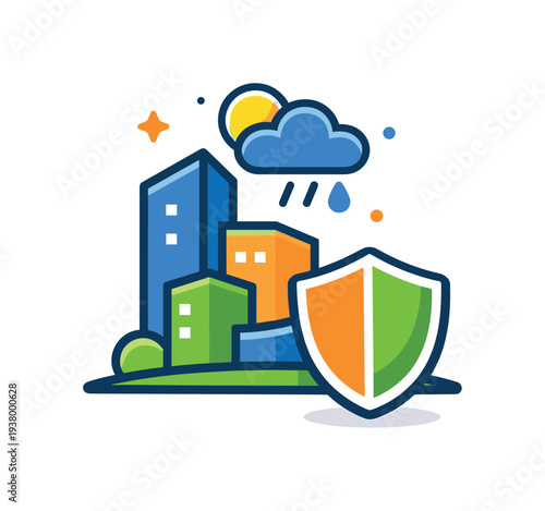 City buildings protected by a shield during rain and sunshine